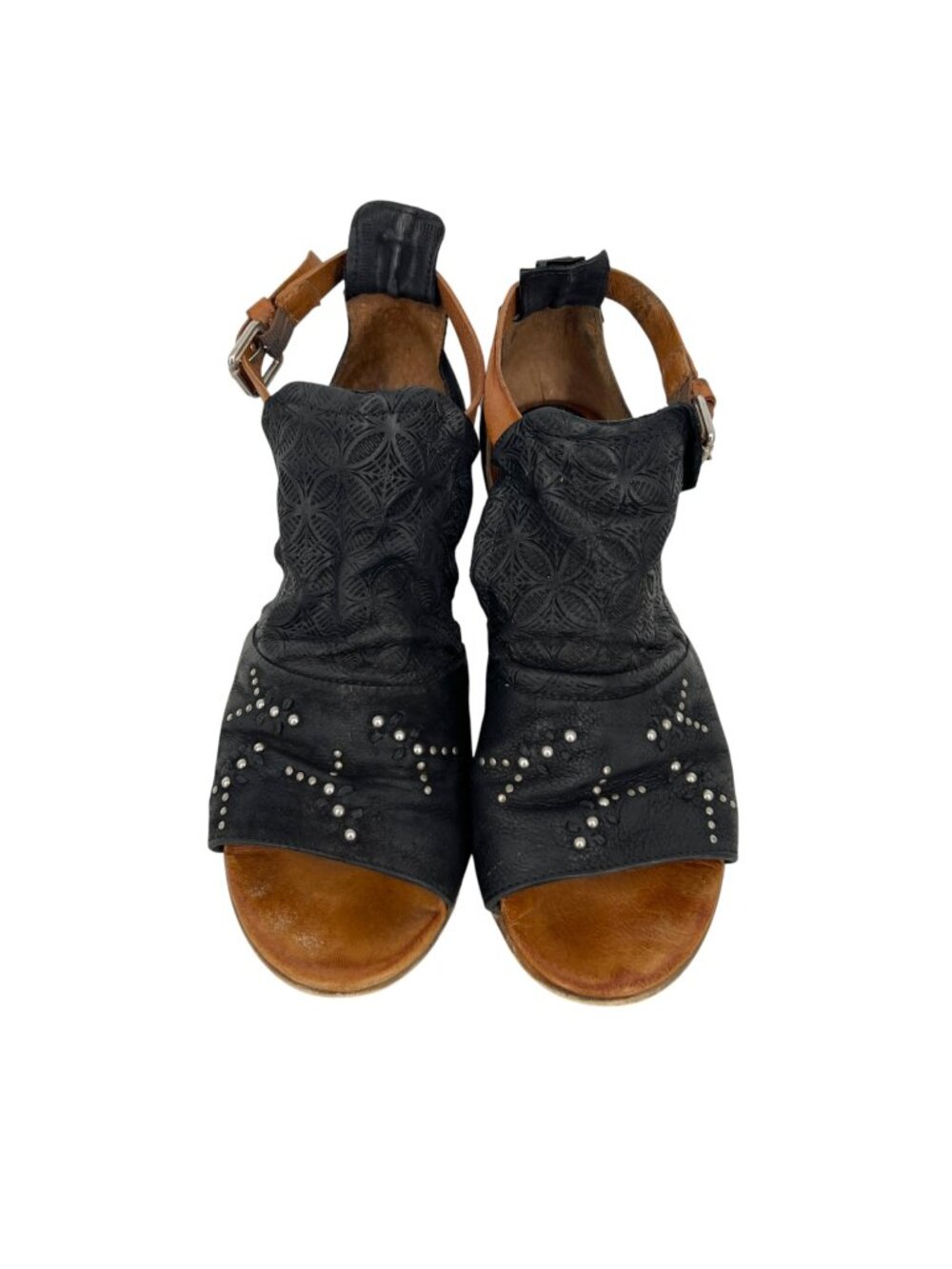 Miz Mooz Carey Studded Leather Embossed Sandals Black Size 8.5